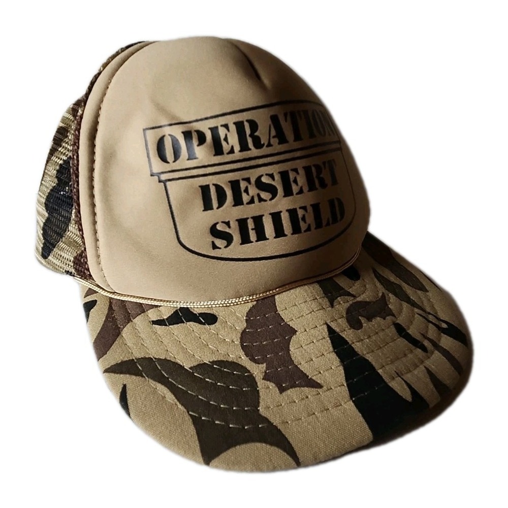 Vintage 90s Operation Desert Shield Trucker Hat Snapback Camo Military